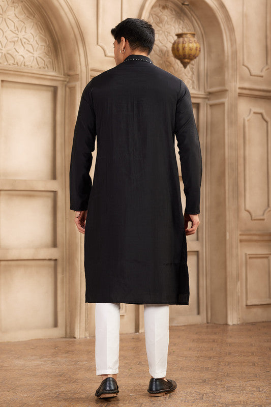 Men's Banarasi Art Silk Mirror Work Kurta Pajama In Black Colour