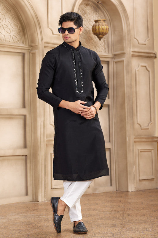 Men's Banarasi Art Silk Mirror Work Kurta Pajama In Black Colour