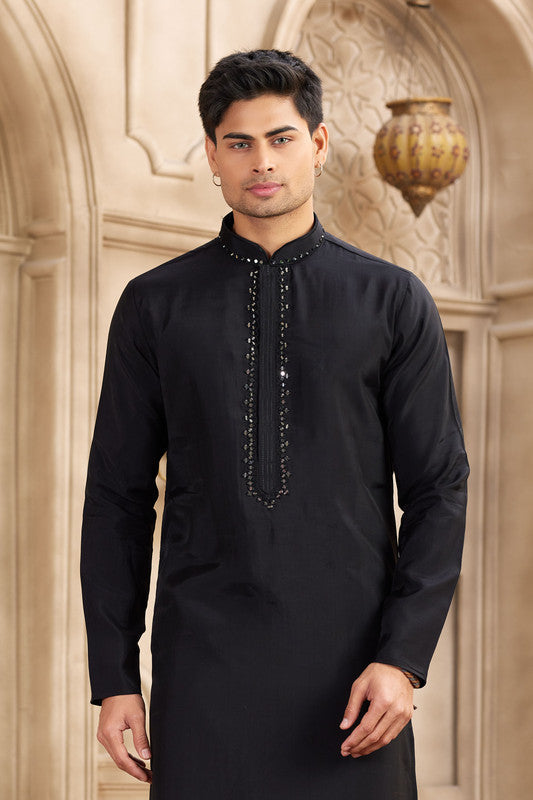 Men's Banarasi Art Silk Mirror Work Kurta Pajama In Black Colour