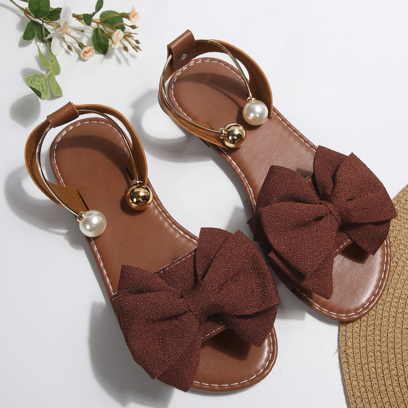 Women’s Serelle Pearl Bow Flat Slides – Minimalist Ankle Strap Casual Sandals (US 5–10.5)