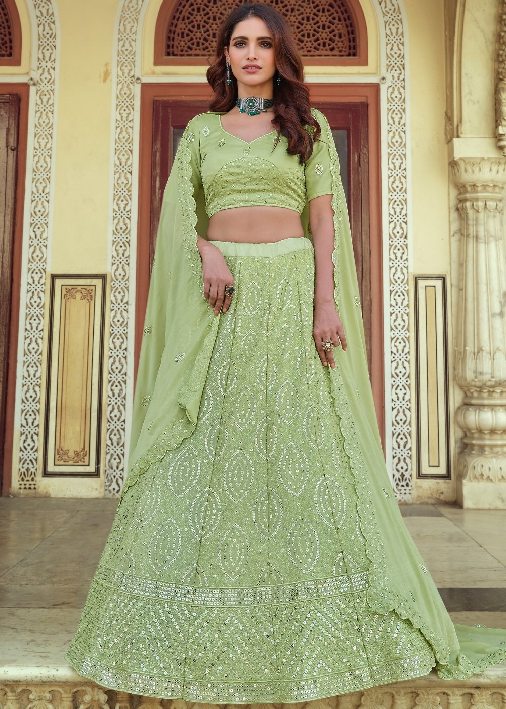 Pear Green Georgette Lehenga Choli with Sequins & Thread work | Ready To Wear - qivii