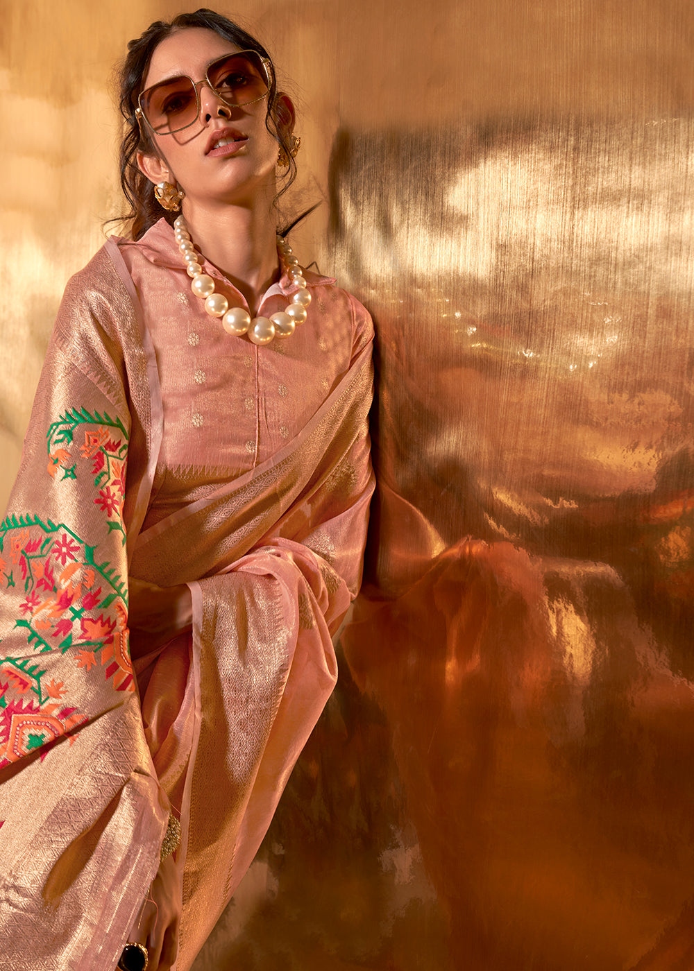 Peach Pink Zari Woven Tissue Silk Saree Having Paithani Pallu - qivii