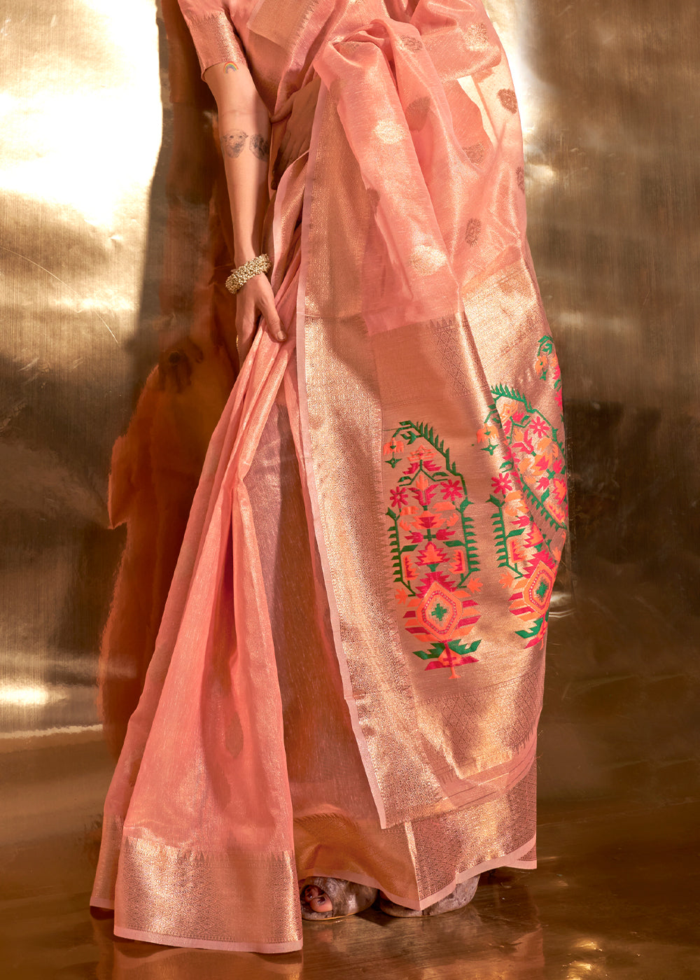 Peach Pink Zari Woven Tissue Silk Saree Having Paithani Pallu - qivii