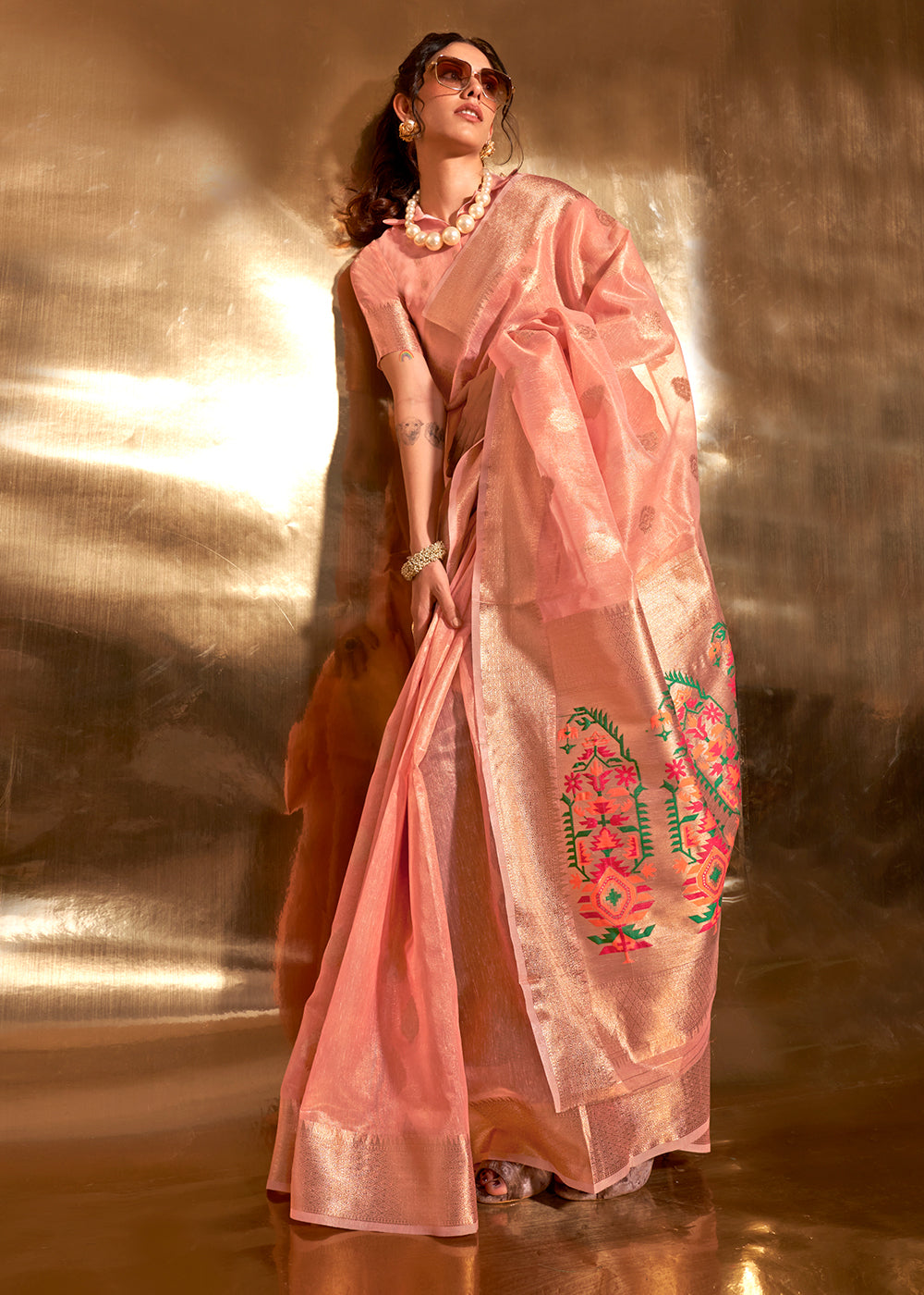 Peach Pink Zari Woven Tissue Silk Saree Having Paithani Pallu - qivii