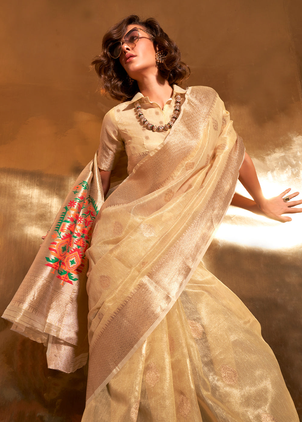 Flax Yellow Zari Woven Tissue Silk Saree Having Paithani Pallu - qivii