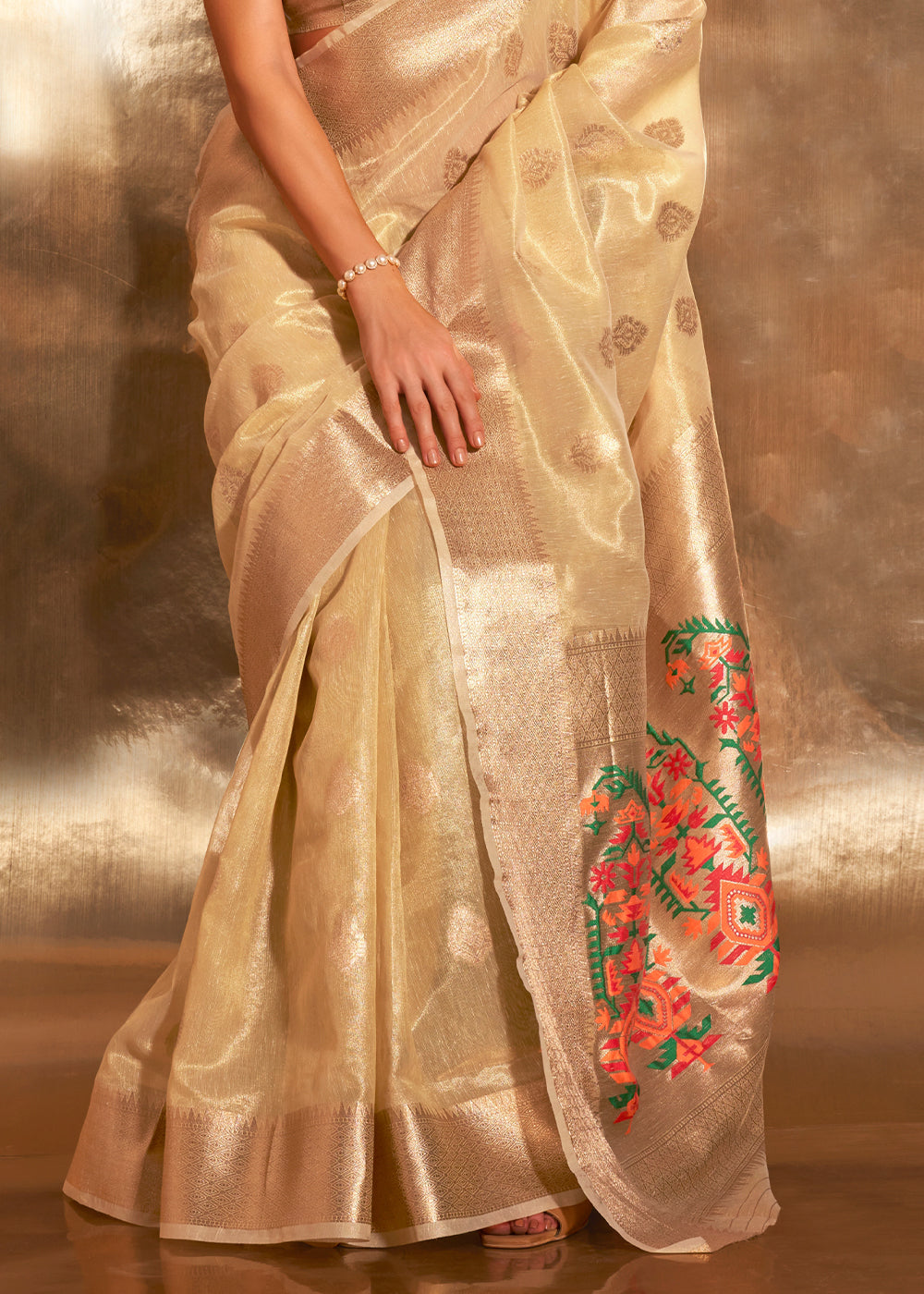 Flax Yellow Zari Woven Tissue Silk Saree Having Paithani Pallu - qivii