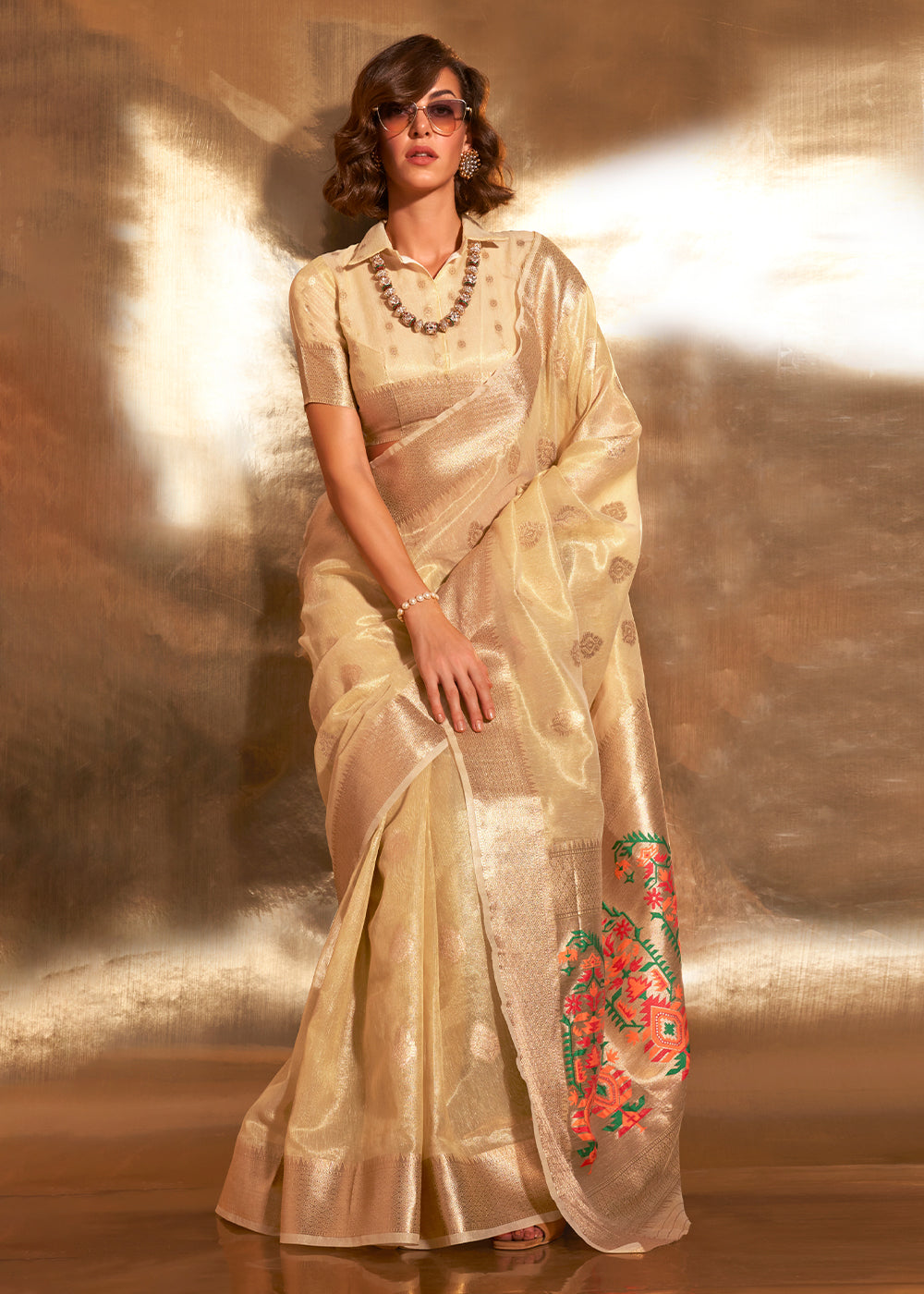 Flax Yellow Zari Woven Tissue Silk Saree Having Paithani Pallu - qivii