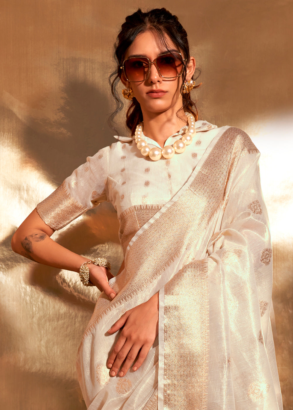 Pearl Beige White Zari Woven Tissue Silk Saree Having Paithani Pallu: Top Pick - qivii
