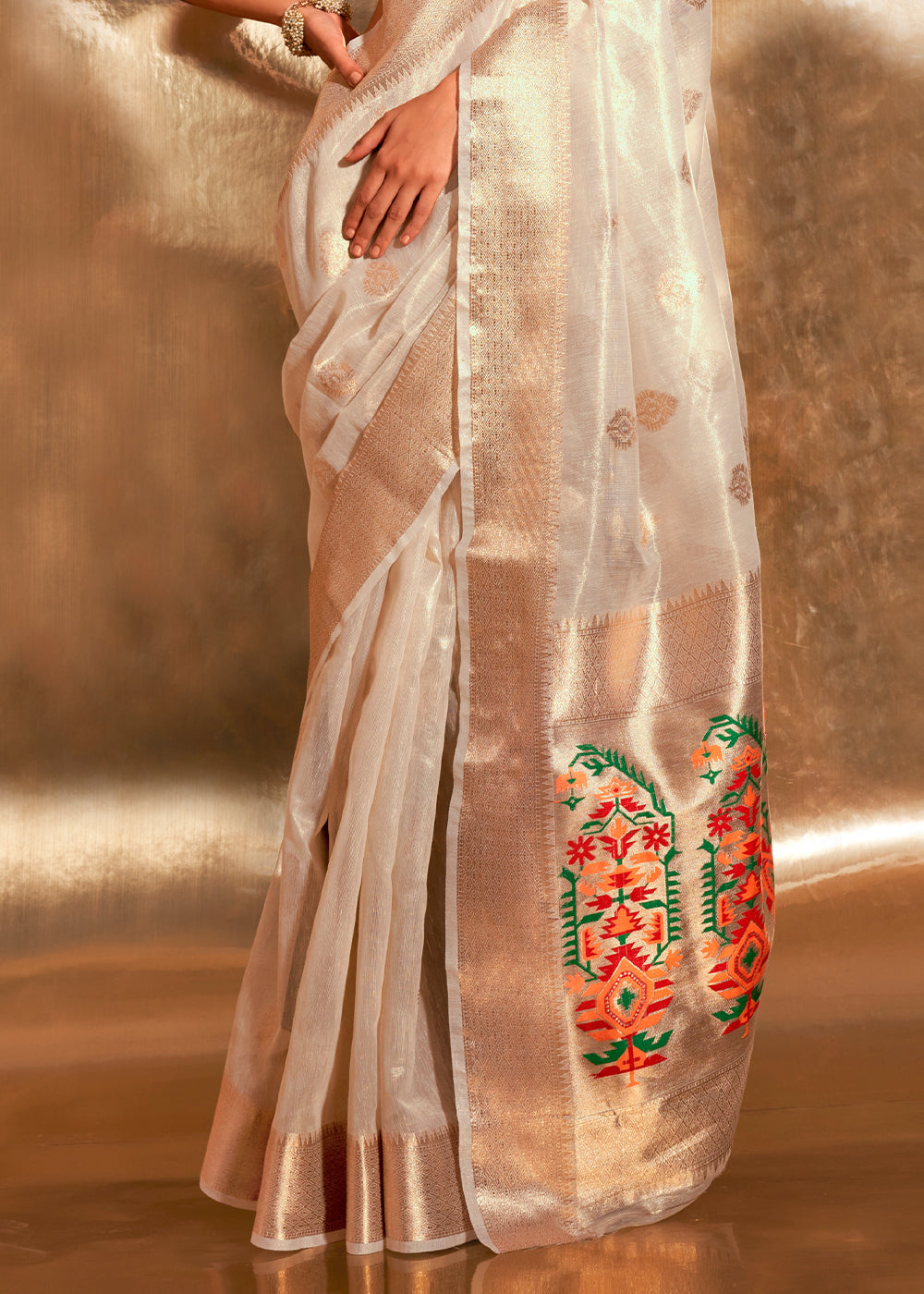 Pearl Beige White Zari Woven Tissue Silk Saree Having Paithani Pallu: Top Pick - qivii