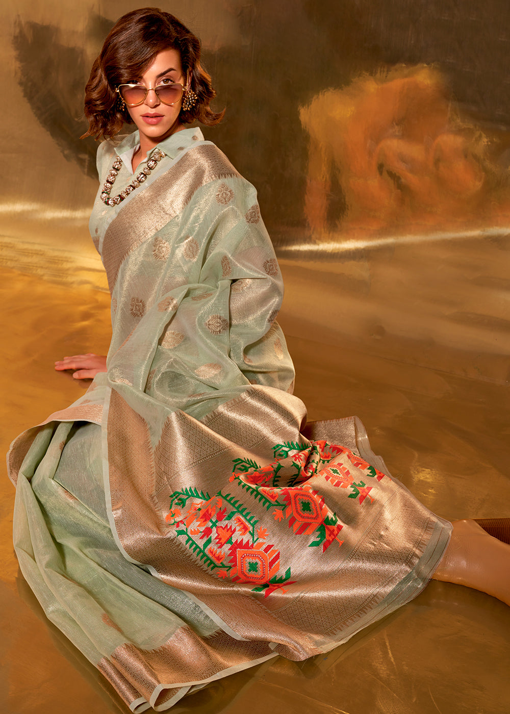 Cool Green Zari Woven Tissue Silk Saree Having Paithani Pallu - qivii