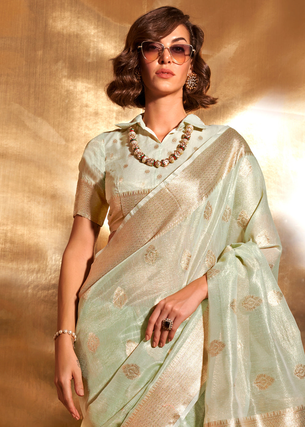 Cool Green Zari Woven Tissue Silk Saree Having Paithani Pallu - qivii