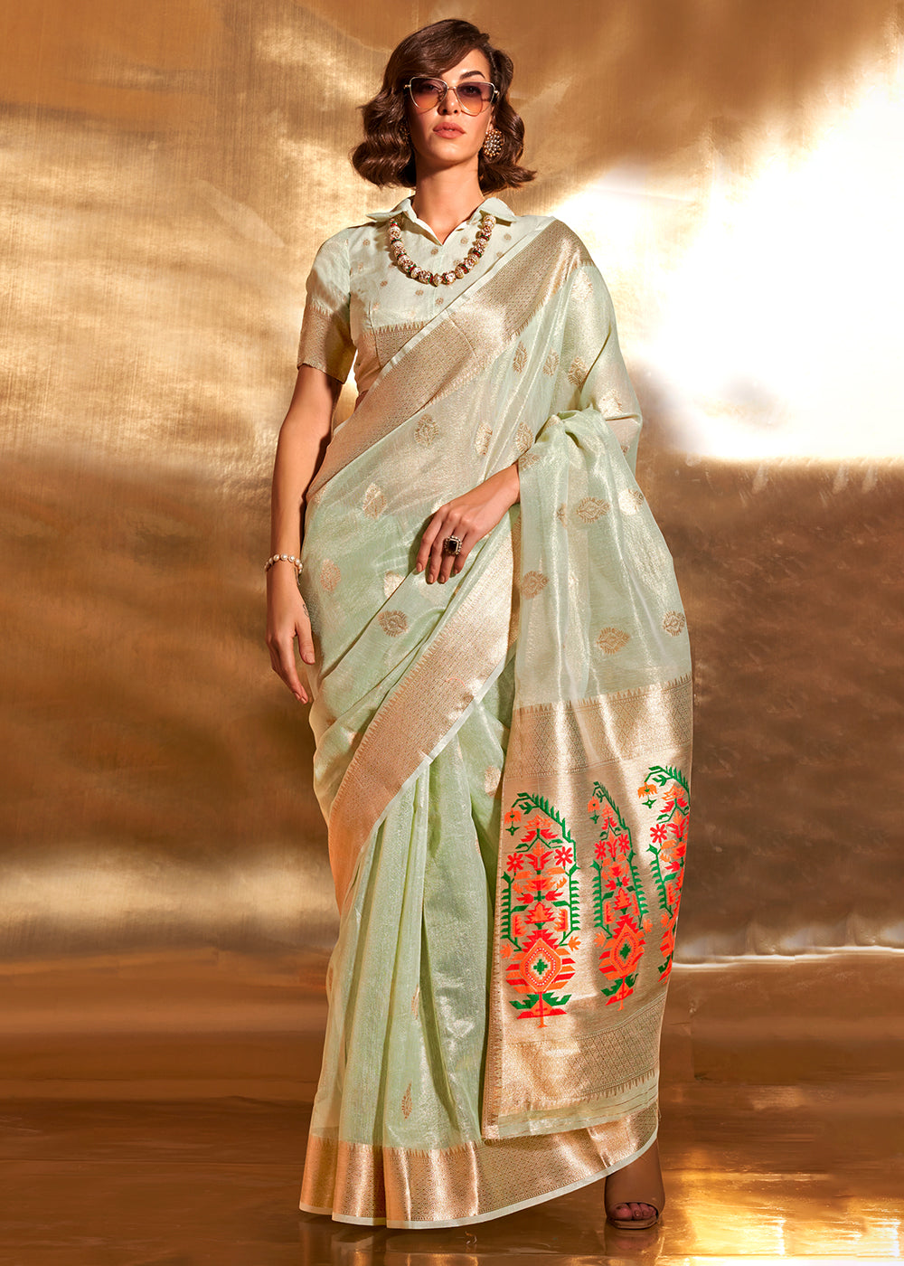 Cool Green Zari Woven Tissue Silk Saree Having Paithani Pallu - qivii