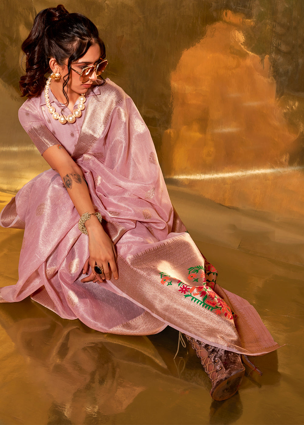 Lavender Purple Zari Woven Tissue Silk Saree Having Paithani Pallu - qivii