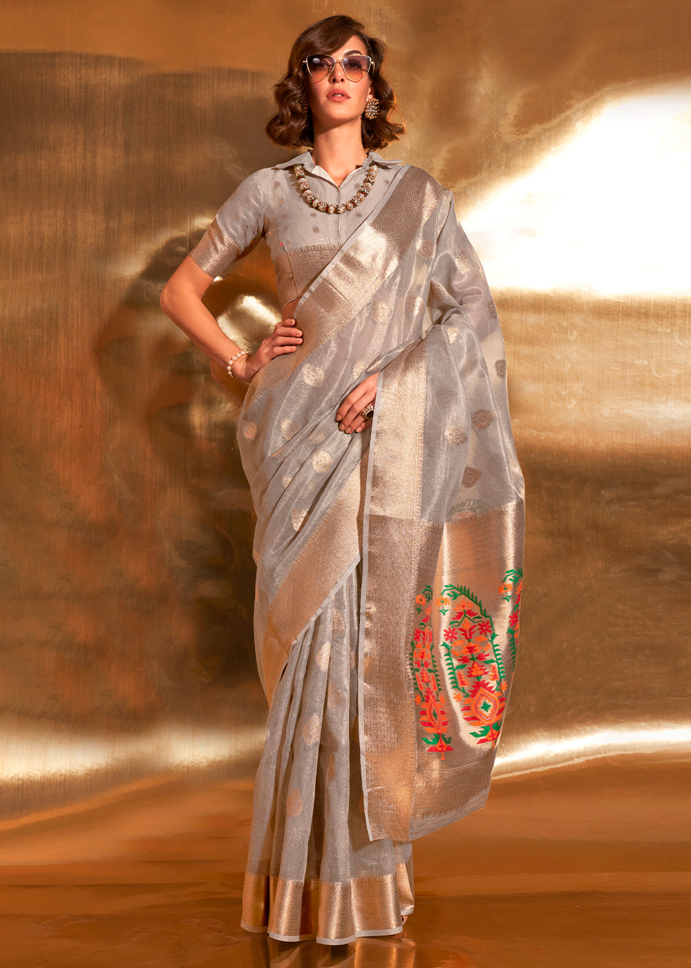 Coin Grey Zari Woven Tissue Silk Saree Having Paithani Pallu - qivii