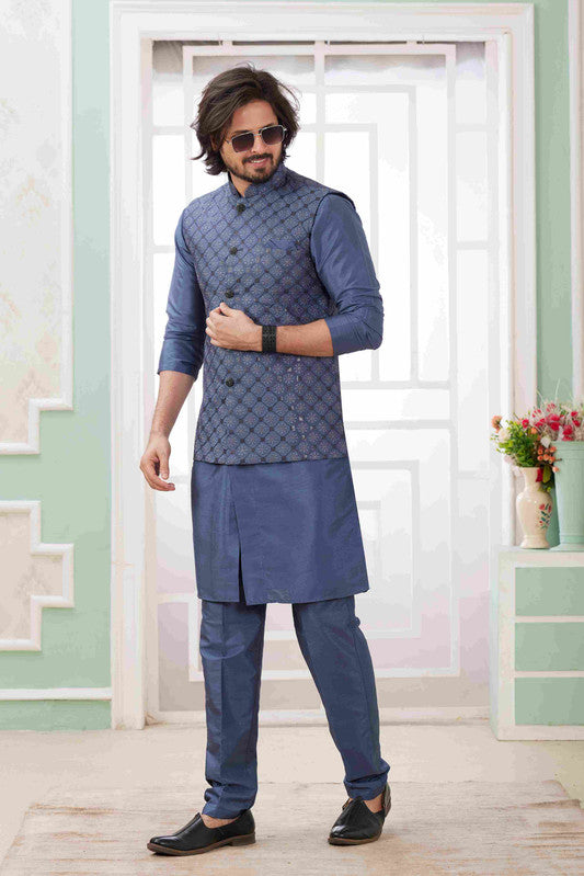 Men's Dark Grey Art Silk Embroidery Collar Neck Jacket Set