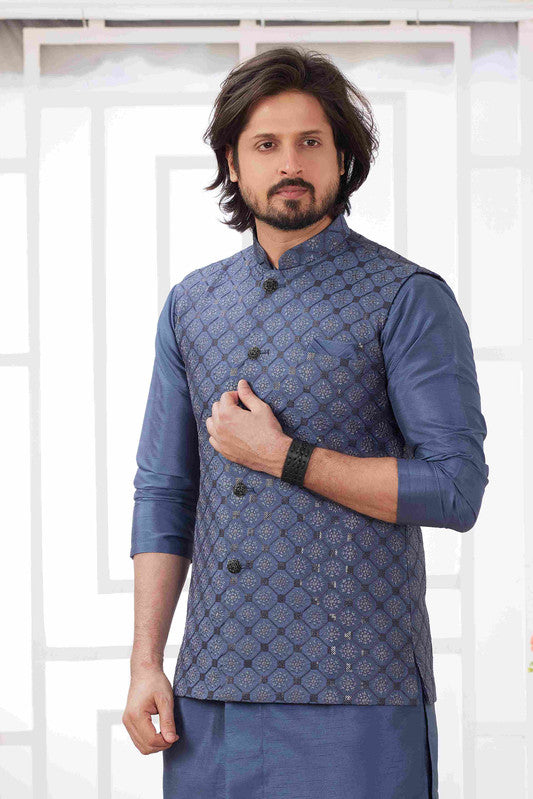 Men's Dark Grey Art Silk Embroidery Collar Neck Jacket Set
