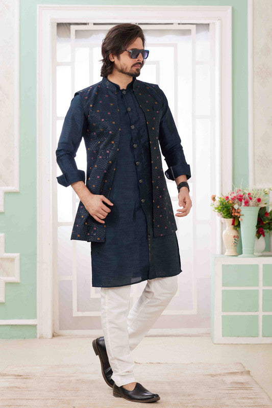 Men's Navy Blue Art Silk Embroidery Collar Neck Jacket Set