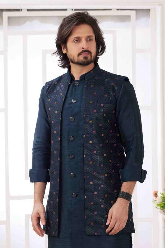 Men's Navy Blue Art Silk Embroidery Collar Neck Jacket Set