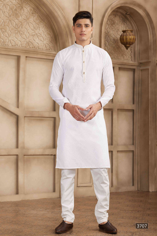 Men's Off White Brocade Art Silk Pintux Work Collar Neck Pajama Set