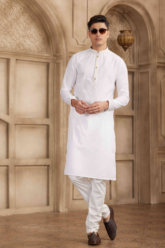Men's Off White Brocade Art Silk Pintux Work Collar Neck Pajama Set