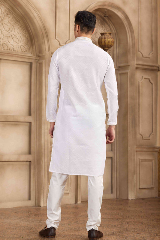 Men's Off White Brocade Art Silk Pintux Work Collar Neck Pajama Set