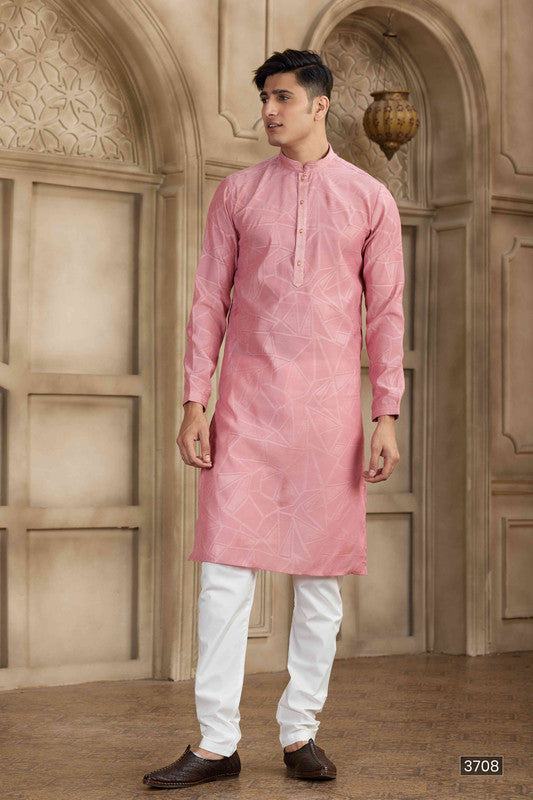 Men's Peach Brocade Art Silk Pintux Work Collar Neck Pajama Set