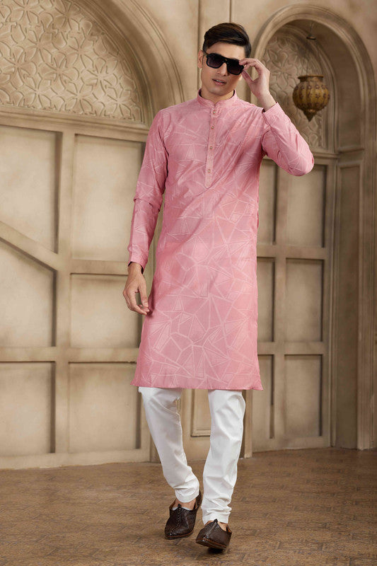 Men's Peach Brocade Art Silk Pintux Work Collar Neck Pajama Set