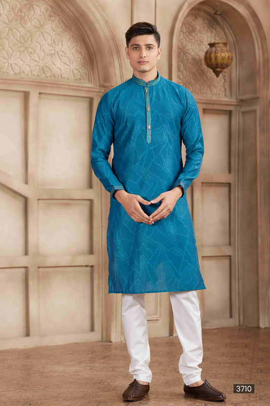 Men's Teal Brocade Art Silk Pintux Work Collar Neck Pajama Set