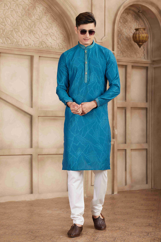 Men's Teal Brocade Art Silk Pintux Work Collar Neck Pajama Set