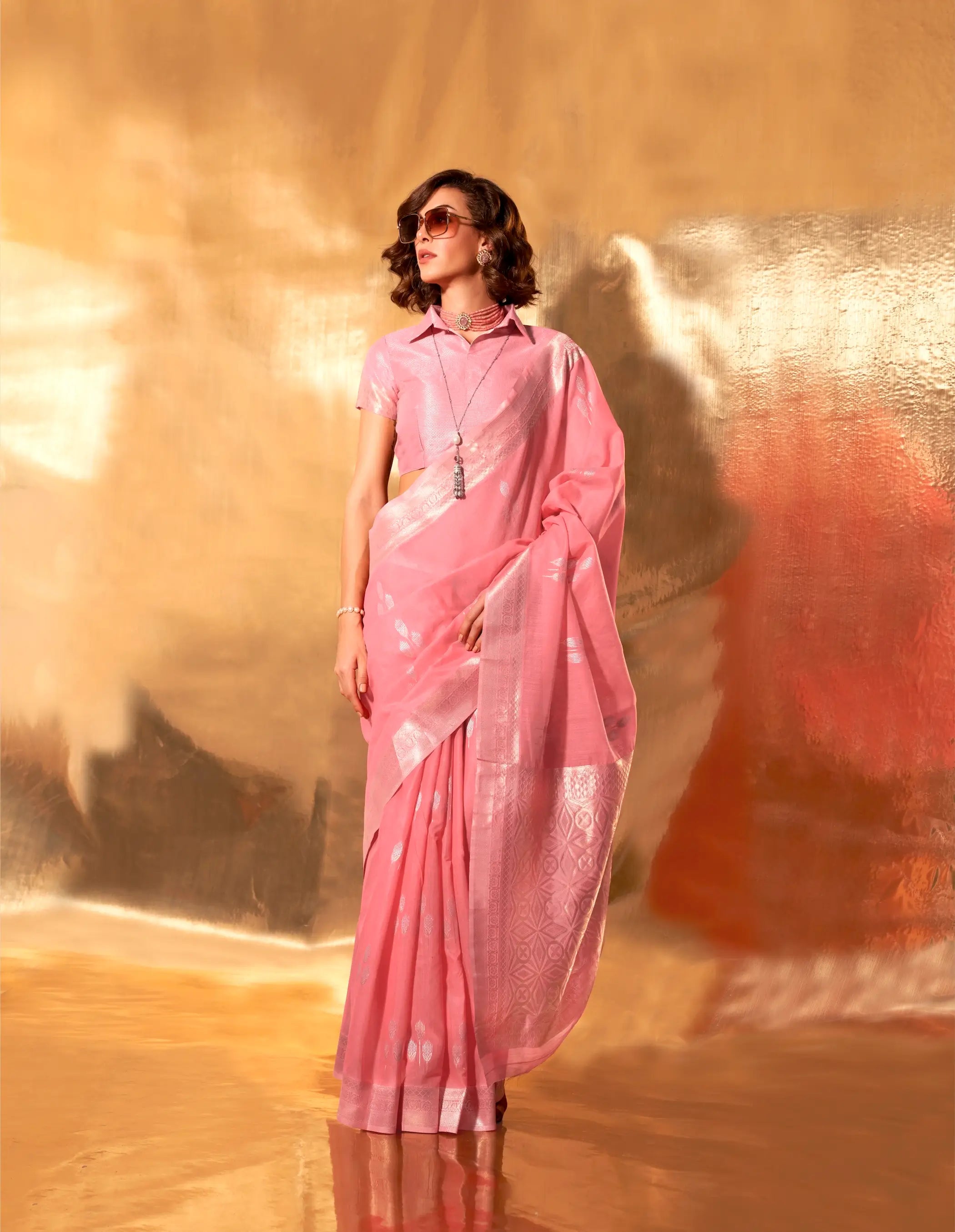 Salmon Pink Linen Cotton Zari Weaving Saree - qivii