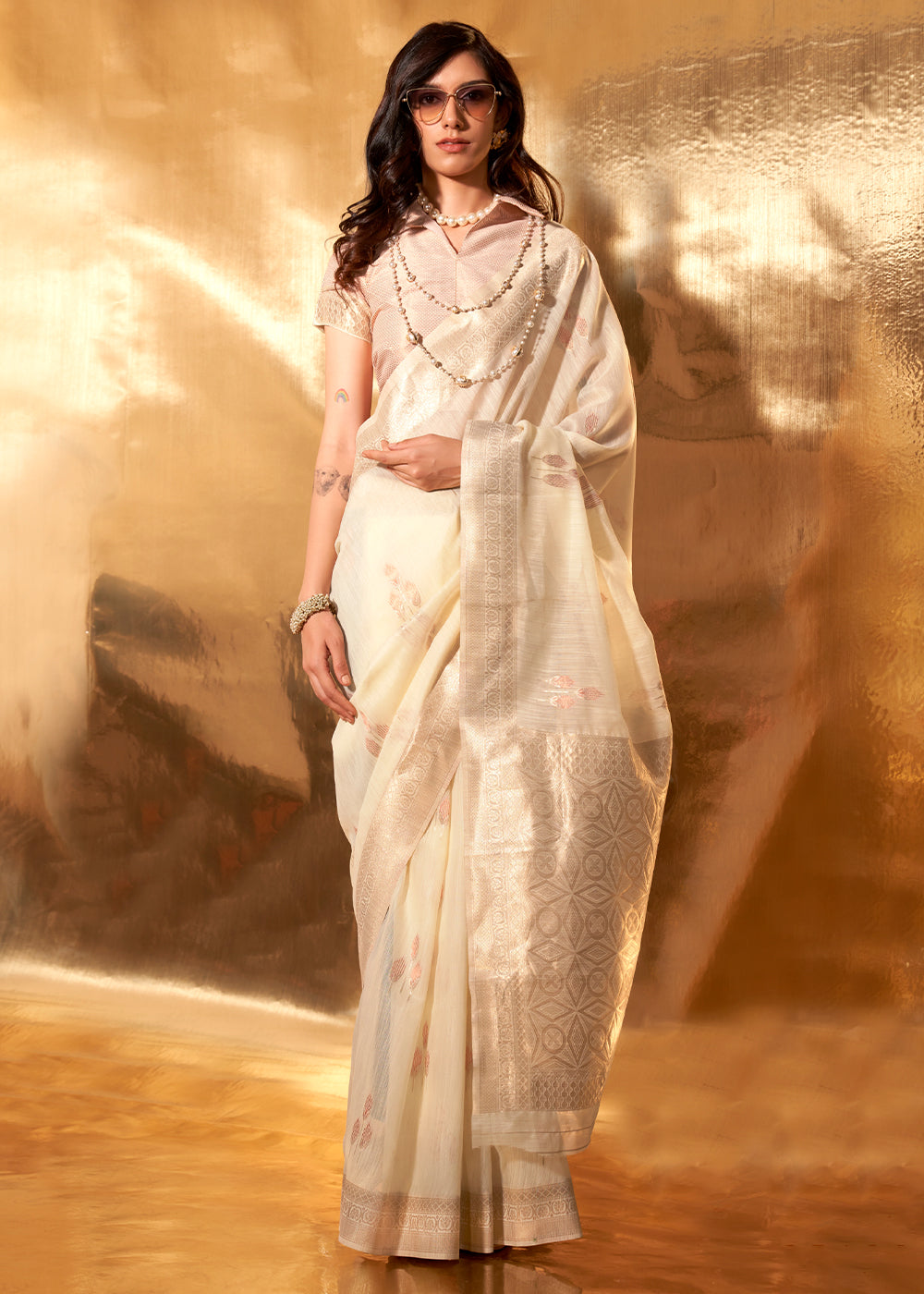 Parchment White Hand Woven Linen Cotton Saree with Brocade Blouse - qivii