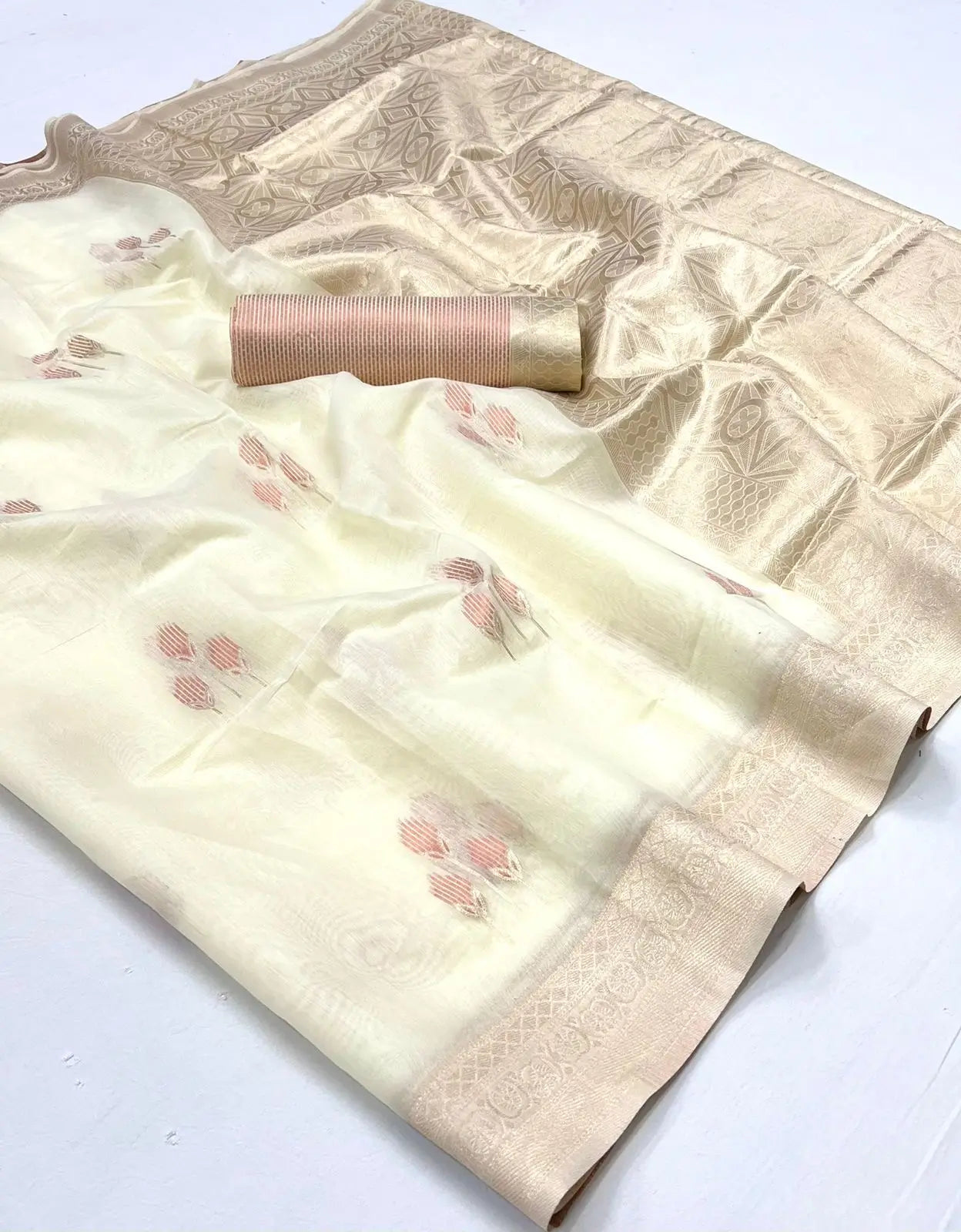 Beige Linen Cotton Zari Weaving Saree - qivii