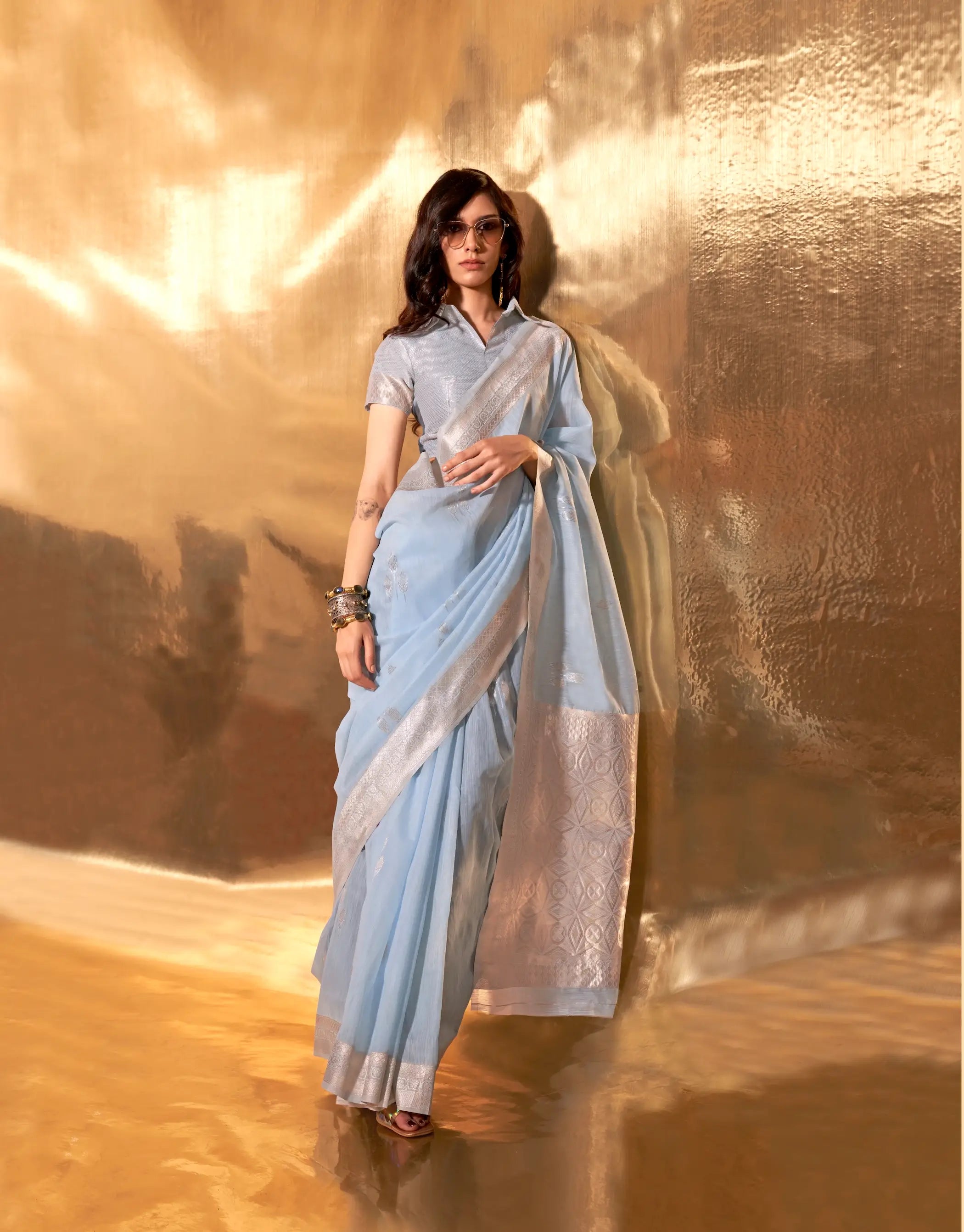 Aqua Blue Linen Cotton Zari Weaving Saree - qivii