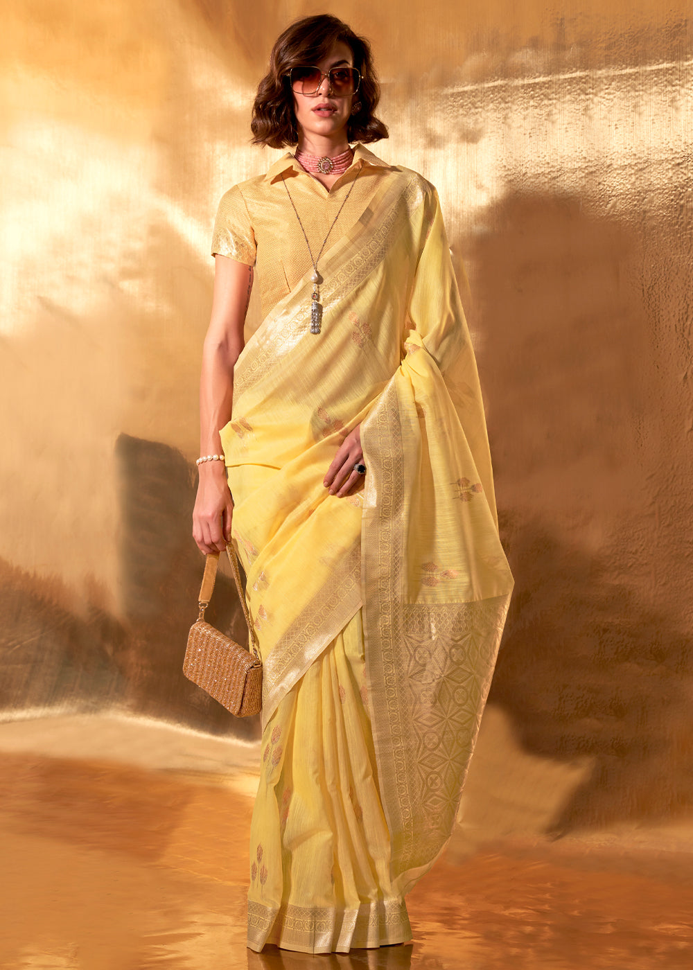Daffodil Yellow Hand Woven Linen Cotton Saree with Brocade Blouse - qivii