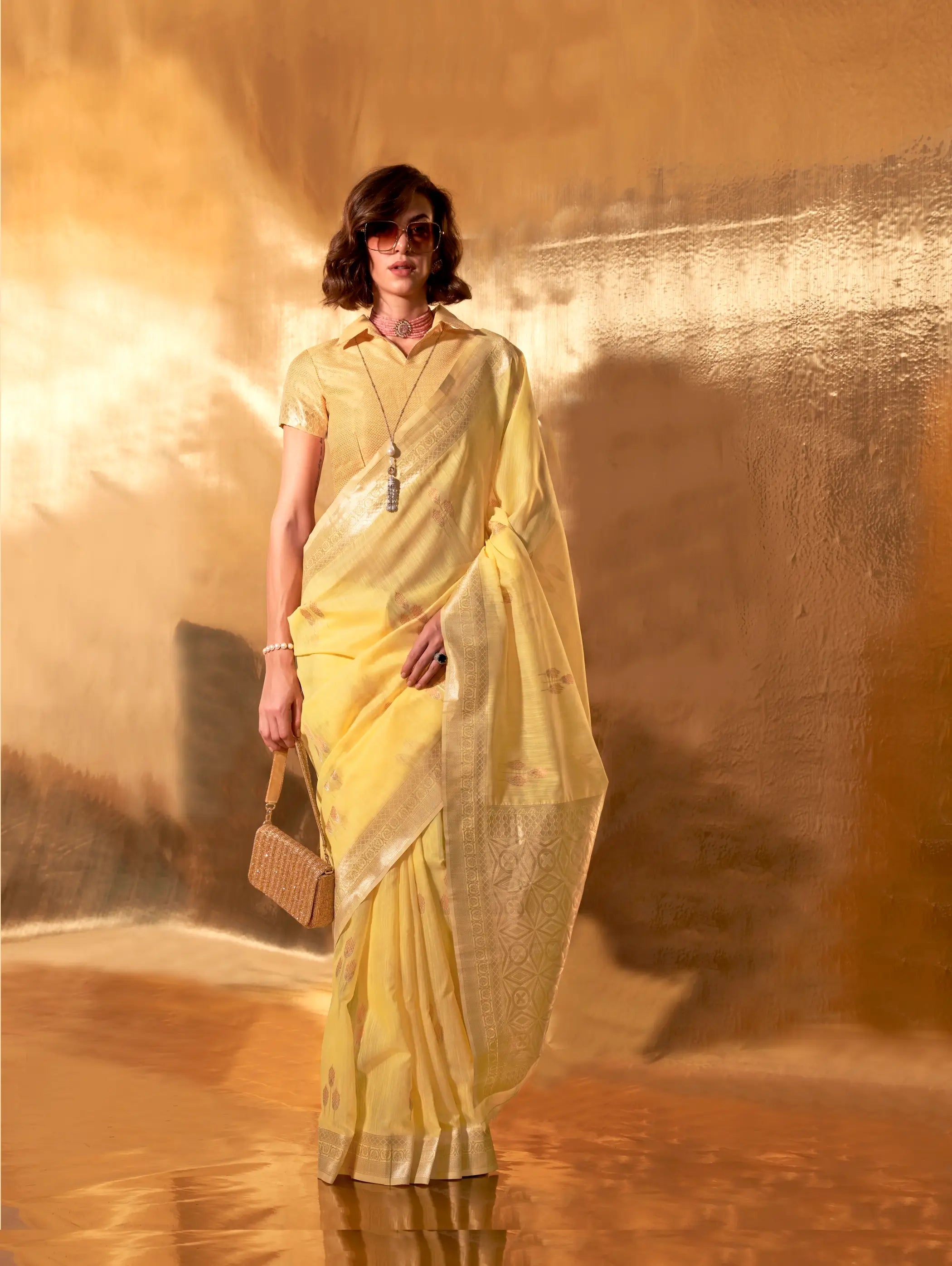 Yellow Linen Cotton Zari Weaving Saree - qivii