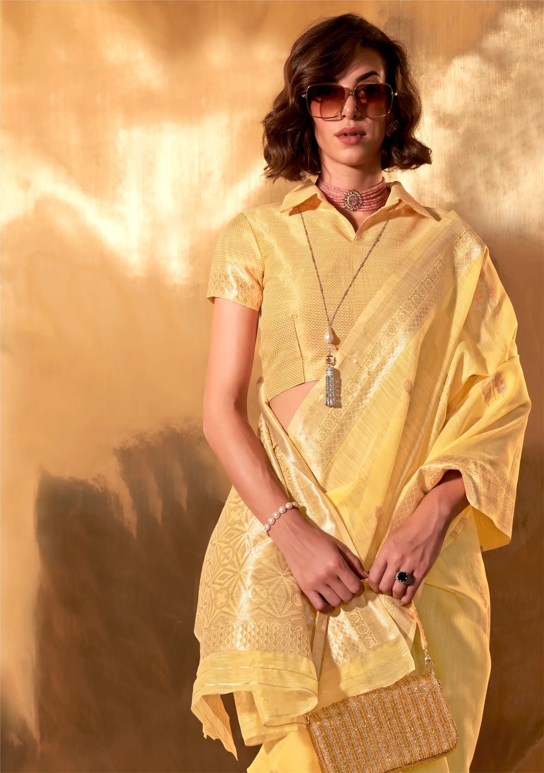 Yellow Linen Cotton Zari Weaving Saree - qivii