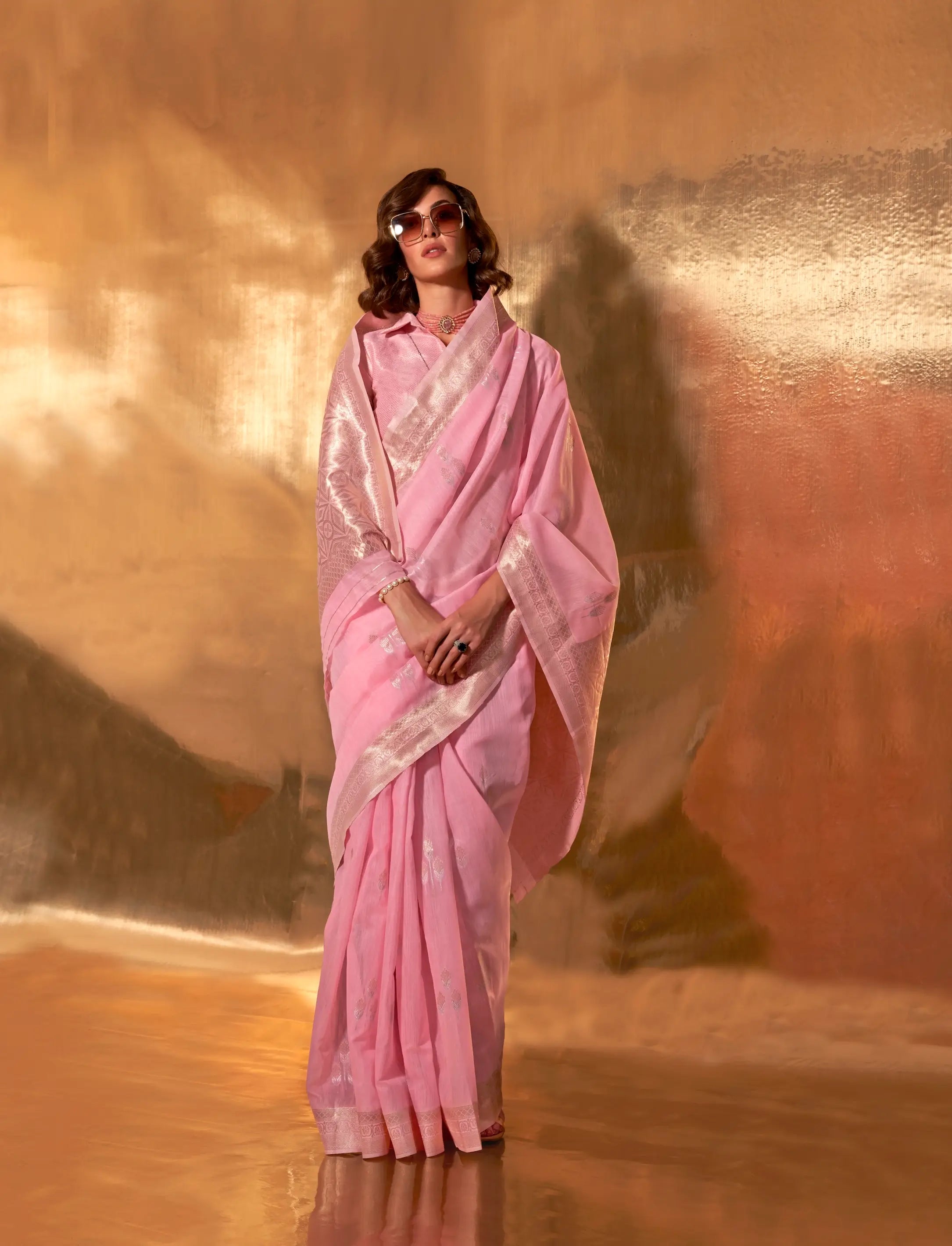 Candy Pink Linen Cotton Zari Weaving Saree - qivii