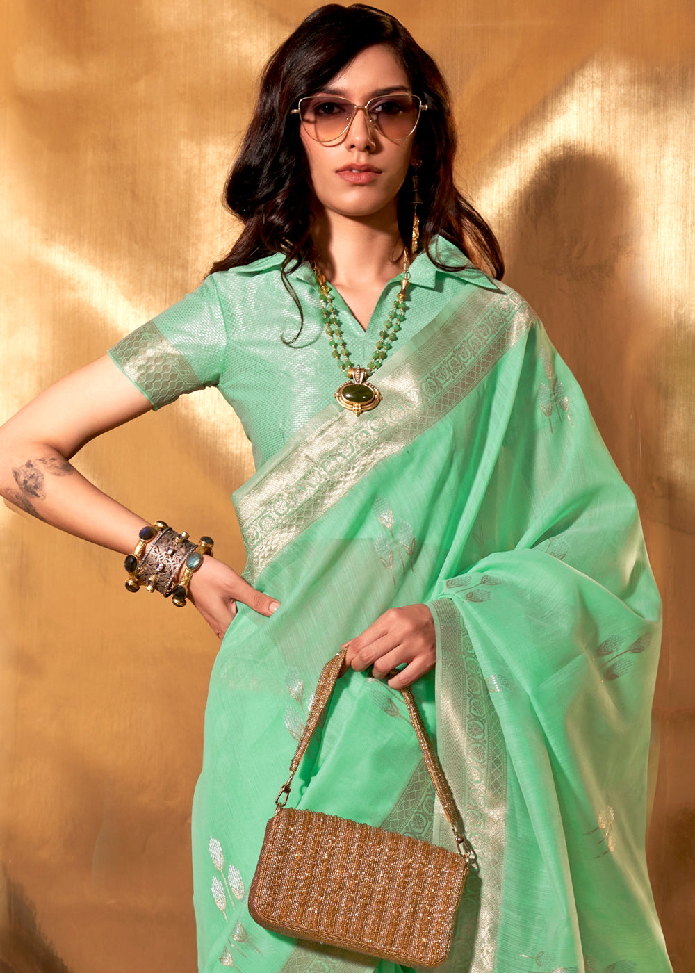 Fern Green Hand Woven Linen Cotton Saree with Brocade Blouse - qivii