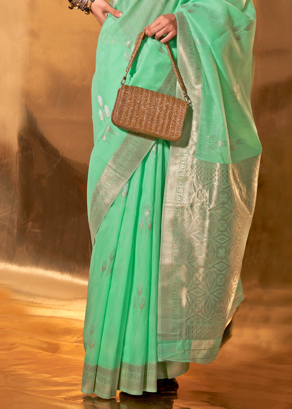 Fern Green Hand Woven Linen Cotton Saree with Brocade Blouse - qivii