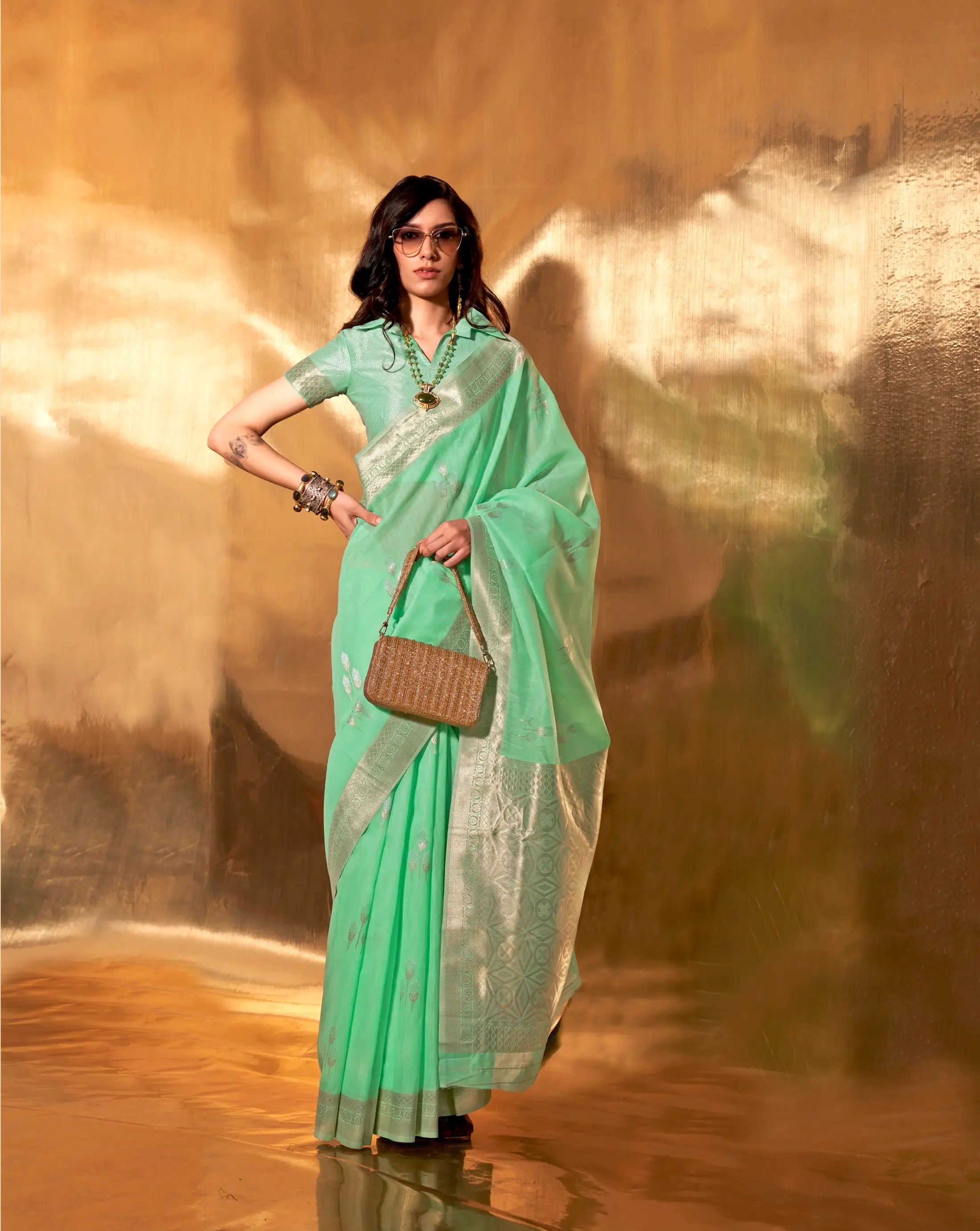 Sea Green Linen Cotton Zari Weaving Saree - qivii
