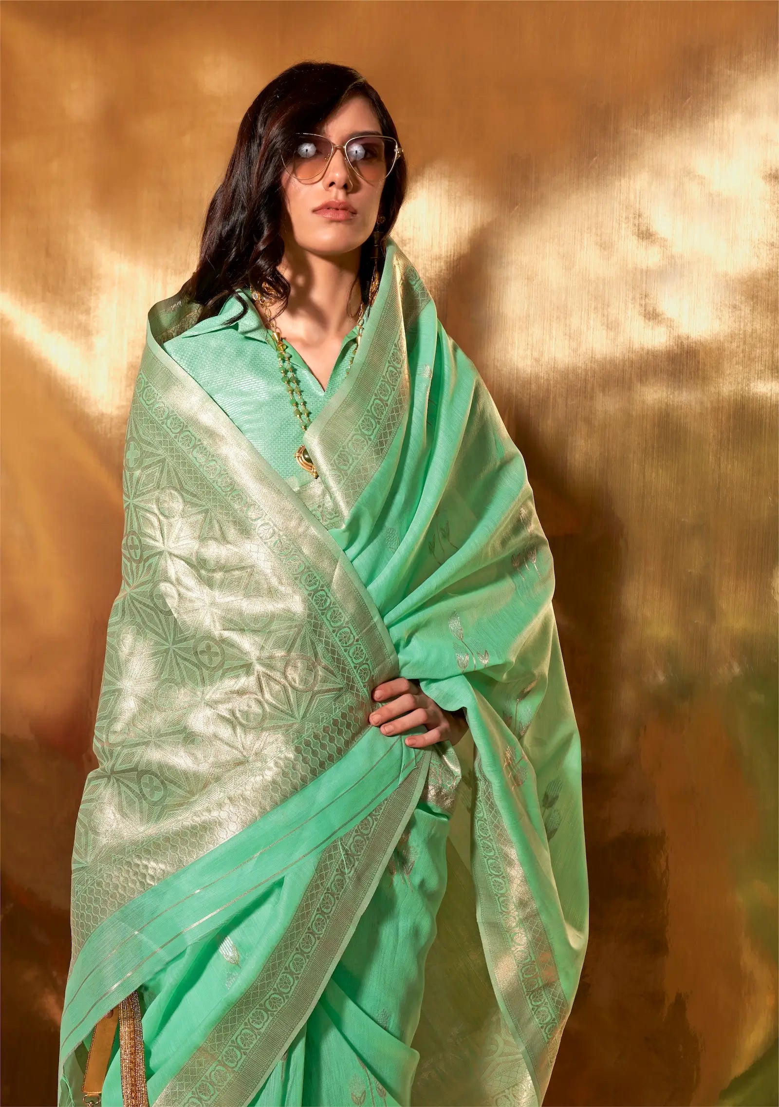 Sea Green Linen Cotton Zari Weaving Saree - qivii