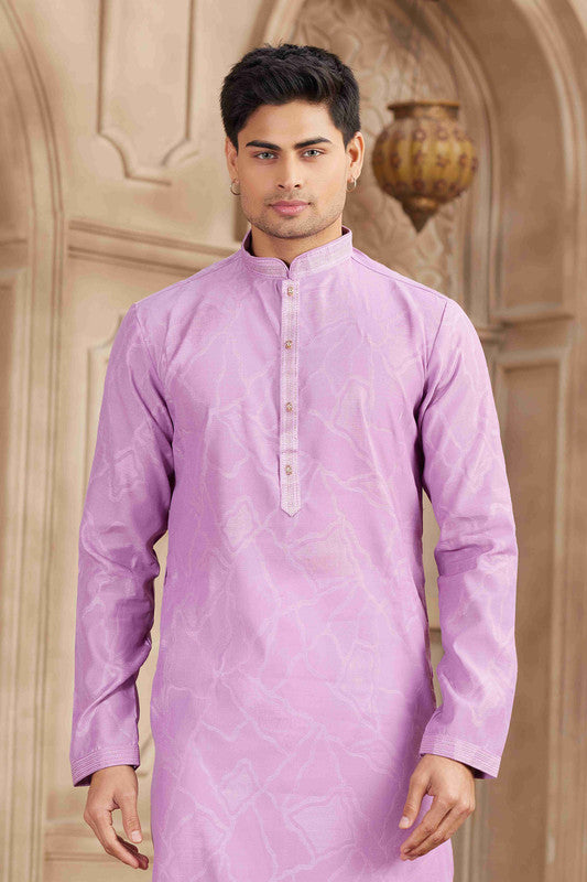Men's Purple Brocade Art Silk Pintux Work Collar Neck Pajama Set