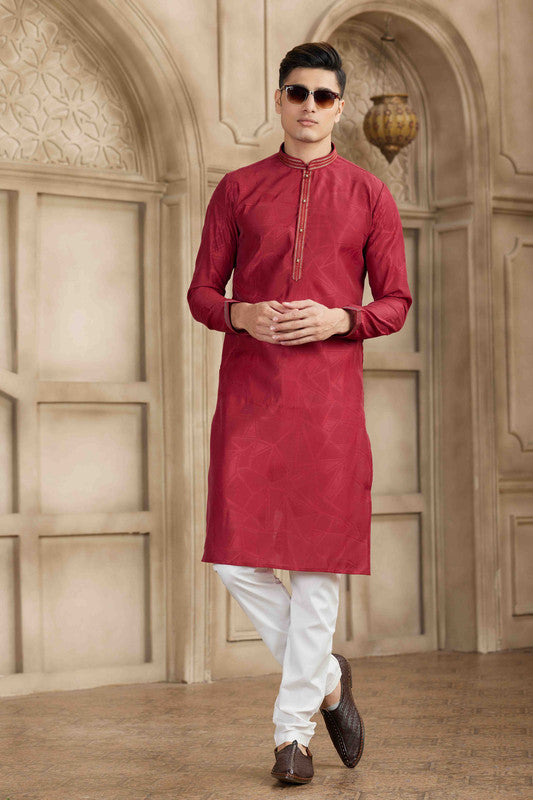 Men's Maroon Brocade Art Silk Pintux Work Collar Neck Pajama Set