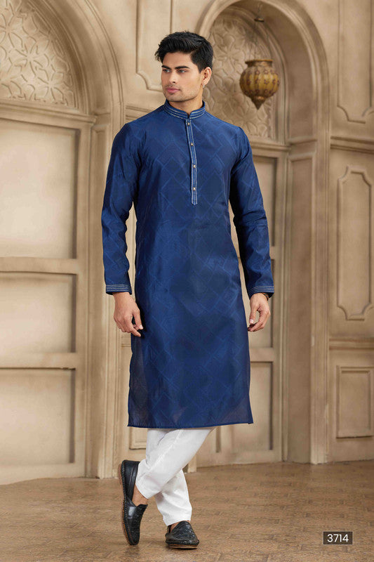 Men's Blue Brocade Art Silk Pintux Work Collar Neck Pajama Set