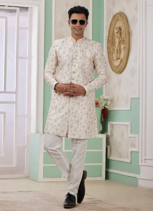 Men's Cream Banarasi Jacquard Embroidery Indo Western Set