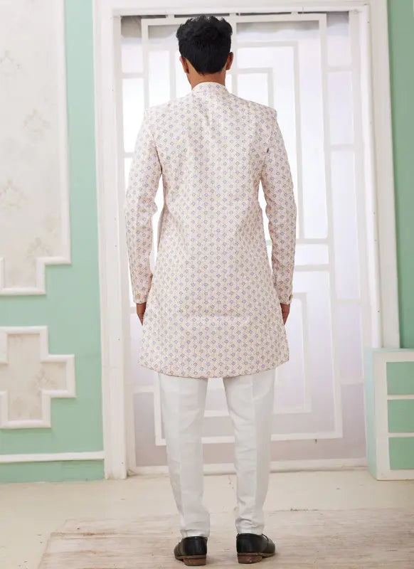 Men's Cream Blue Banarasi Jacquard Embroidery Indo Western Set