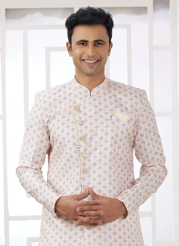 Men's Cream Blue Banarasi Jacquard Embroidery Indo Western Set