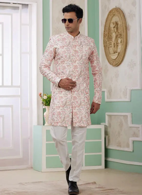 Men's Peach Banarasi Jacquard Embroidery Indo Western Set