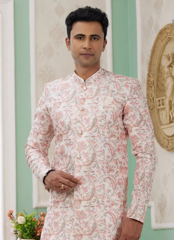 Men's Peach Banarasi Jacquard Embroidery Indo Western Set