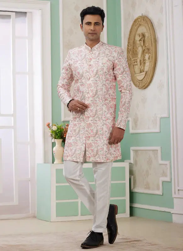 Men's Peach Banarasi Jacquard Embroidery Indo Western Set